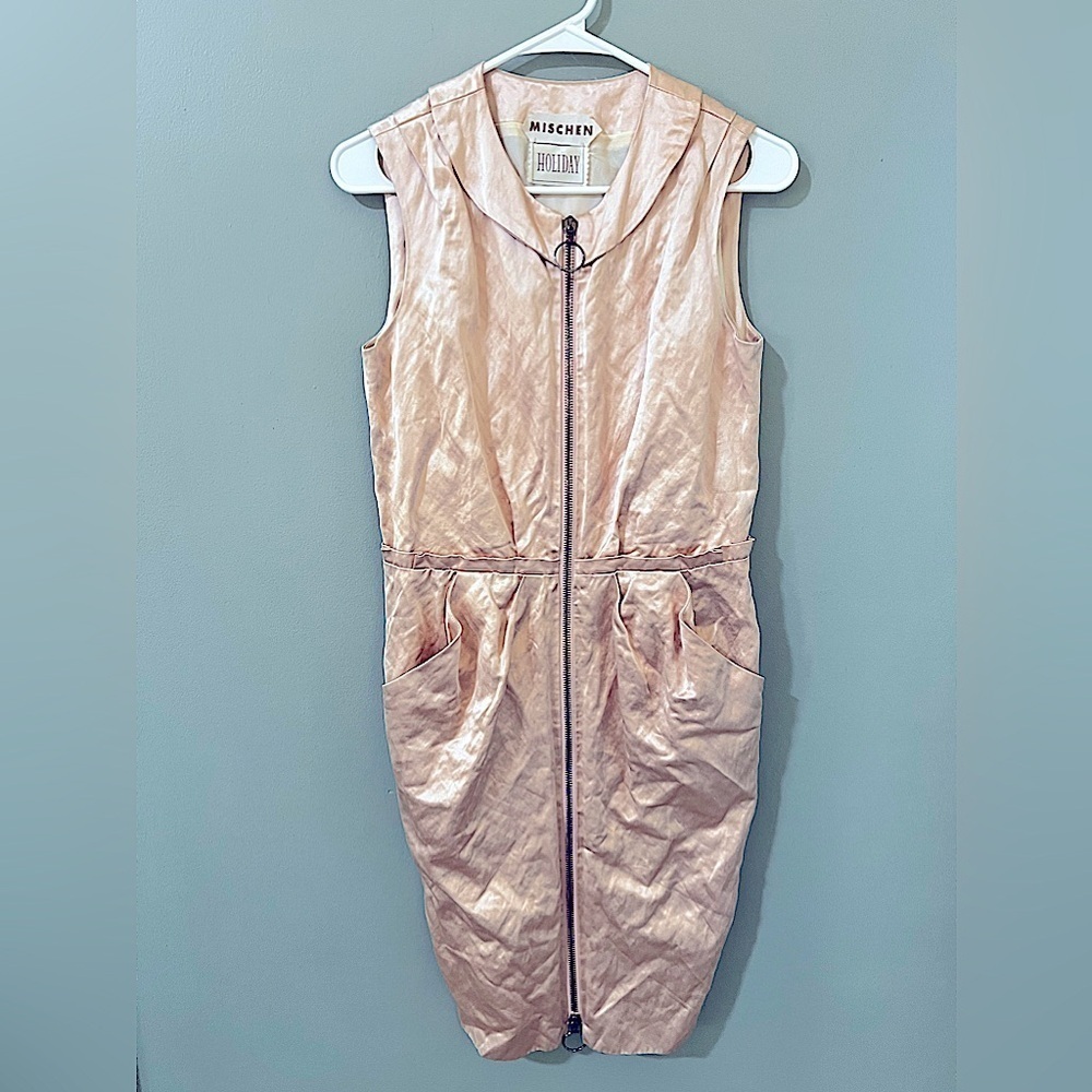 Mischen holiday Womens  Zipper Front Sleeveless Silk Linen Sheath Dress  4